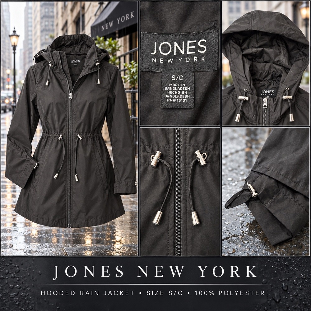 Jones New York Womens Black Hooded Windbreaker Jacket S J10722-RC